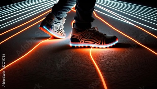 walking feet on light way, idea for Digital Footprint and Digital trace data them, background wallpaper, Generative Ai
