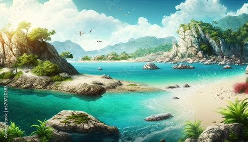  a painting of a tropical island with a bird flying over the water and a bird flying over the water and rocks and plants on the shore.  generative ai