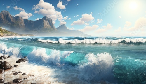  a painting of a beach with waves crashing on the shore and mountains in the distance with a blue sky and white clouds over the water. generative ai