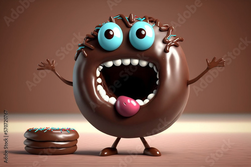 Funny chocolate donut cartoon character, Generative Ai