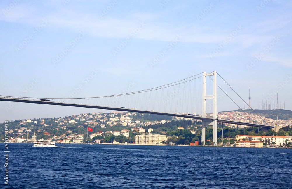 Bosphorus Bridge (also called the First Bosphorus Bridge) over the Bosphorus strait in Istanbul, Turkey. Built in 1973 and connecting Europe and Asia