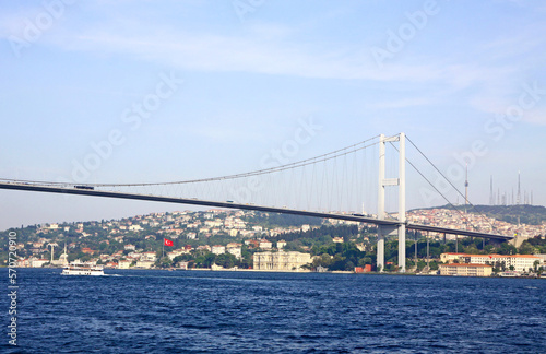 Bosphorus Bridge (also called the First Bosphorus Bridge) over the Bosphorus strait in Istanbul, Turkey. Built in 1973 and connecting Europe and Asia