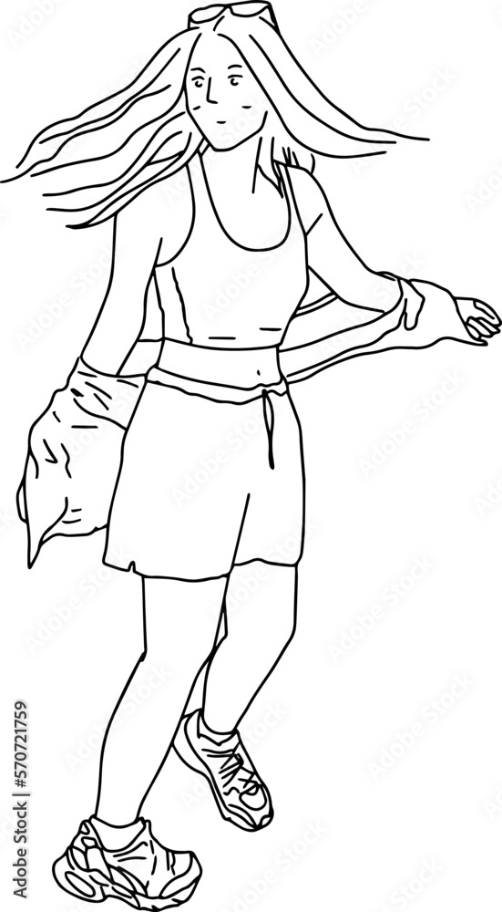 Outline sketch of a girl jumping and spinning around in full growth