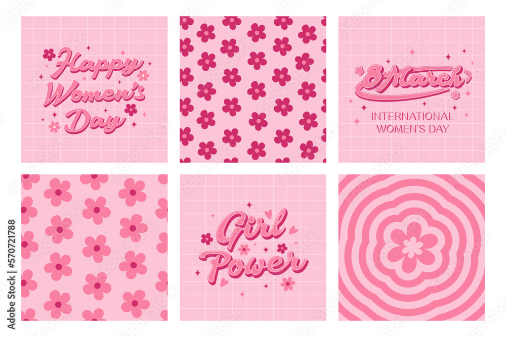 Happy Women's Day. Set groovy cute cards, posters, backgrounds, patterns. Trendy retro slogan, quote in 60s, 70s, 80s style. Retro lettering, pink girly inscription.  Pink colors.