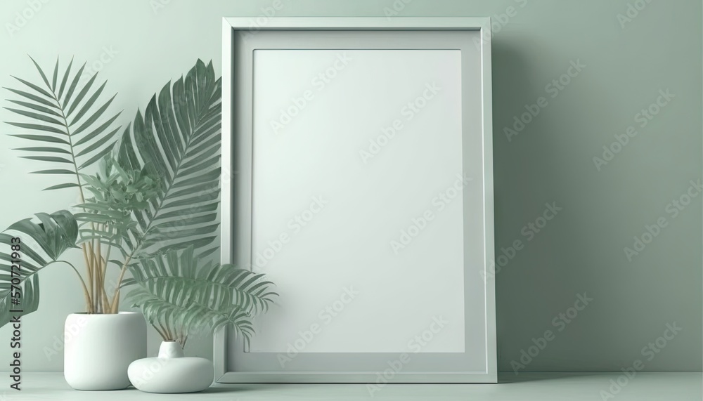 a white frame sitting next to a potted plant on a table with a white vase and a green wall in the background with a palm leaf. generative ai a white frame sitting next to a potted plant on a table with a white vase and a green wall in the background with a palm leaf. generative ai