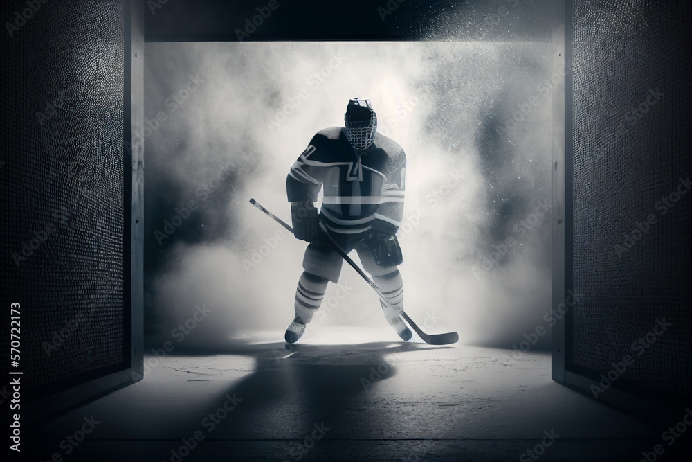 Ice hockey player ready for match in stadium with smoke and spotlights around.