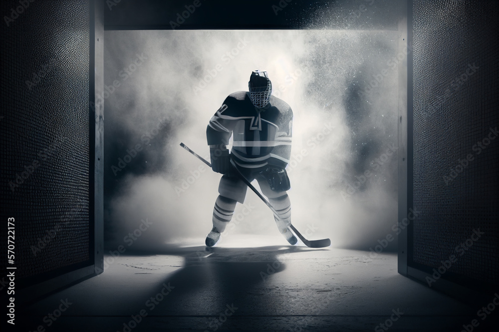 Obraz premium Ice hockey player ready for match in stadium with smoke and spotlights around.