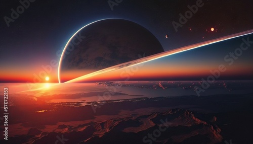  an artist's rendering of a distant planet with a distant object in the distance in the foreground, and a distant object in the background. generative ai