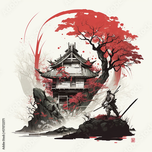 asian icon with castle samurai and tree