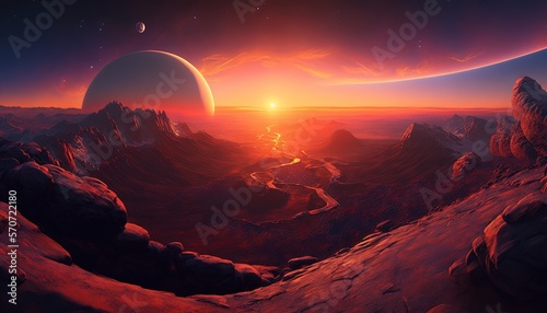  a painting of a planet with mountains and a river in the foreground, and a sunset in the background, with a distant planet in the foreground. generative ai