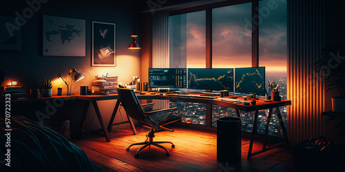 A high-end trading desk situated in a luxurious apartment, illuminated by the soft glow of computer screens and city lights