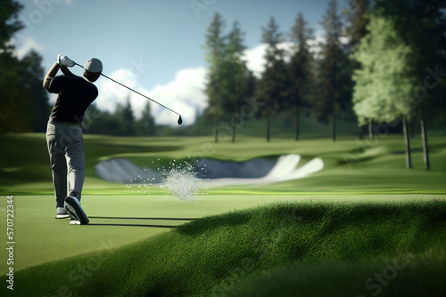 Golf player on golf course, beautiful green grass in summer sports event, Generative ai