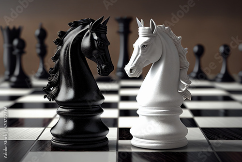 Chess pieces on a chess board close up, white and black, horse queen and king