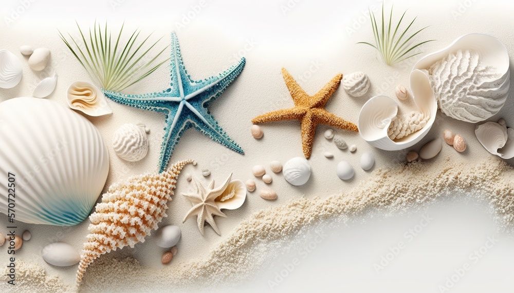 Summer travel background from beach sand with starfish and seashell. Top view. Summer travel background from beach sand with starfish and seashell. Top view.