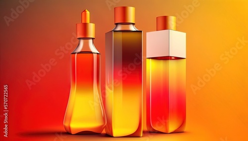  three bottles of perfume on a yellow and red background with a white box in the middle of the bottle and a red and yellow box in the middle of the bottle.  generative ai © Shanti