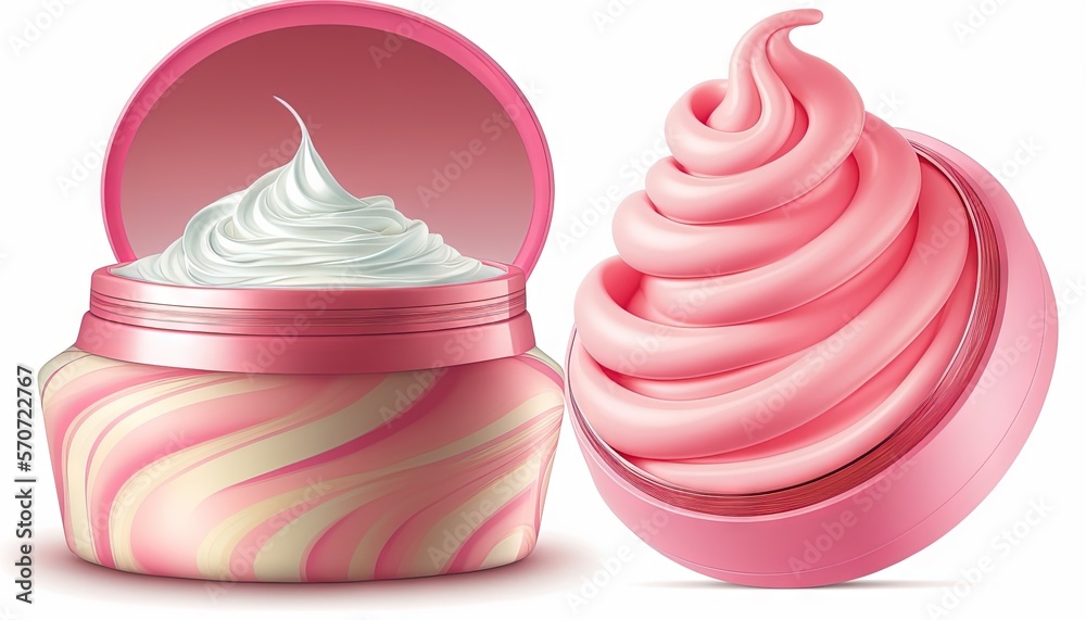  a pink container with whipped cream inside of it next to a pink container with whipped cream inside of it, on a white background, with a shadow.  generative ai