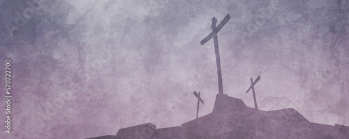 A silhouette of three empty crosses at Calvary symbolic of Easter, Good Friday, and the resurrection of Jesus Christ.