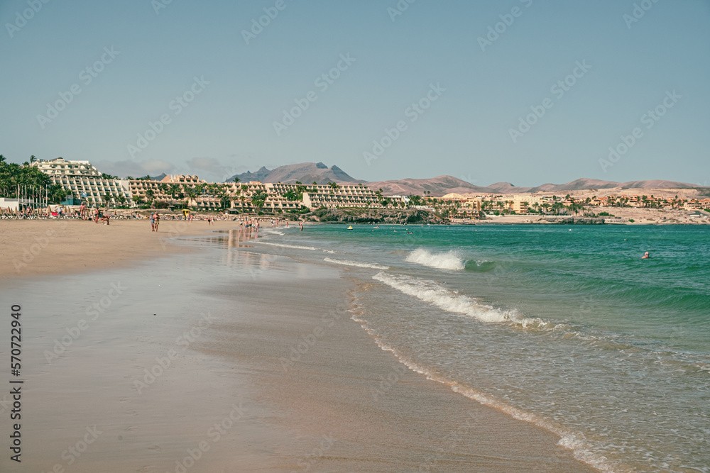 Fuerteventura Spain. September 19, 2022. Costa Calma sandy beach with vulcanic mountains. Fuerteventura, Canary Islands