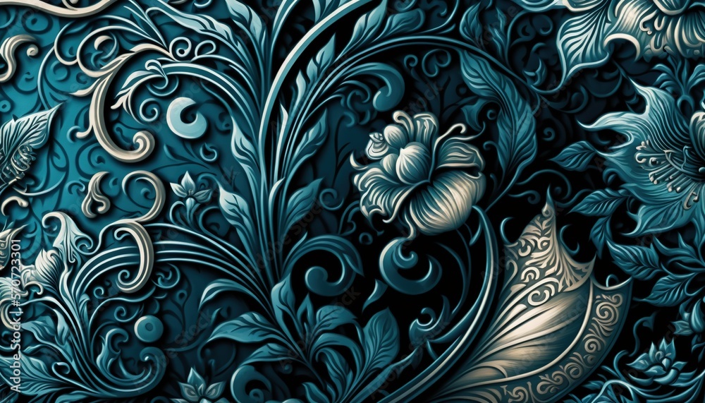  a close up of a blue and gold wallpaper with a flower design on it's side and a swirly design on the side of the wall.  generative ai