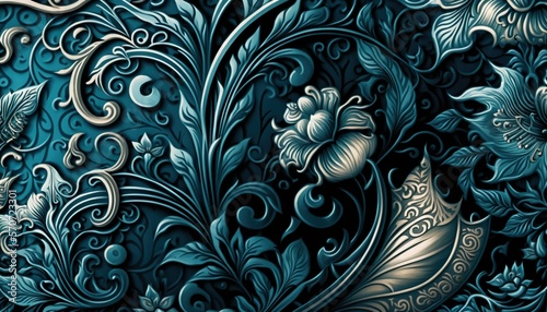  a close up of a blue and gold wallpaper with a flower design on it's side and a swirly design on the side of the wall. generative ai