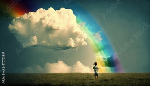  a person standing in a field with a rainbow in the sky behind them and a cloud in the sky above them with a rainbow in the sky. generative ai