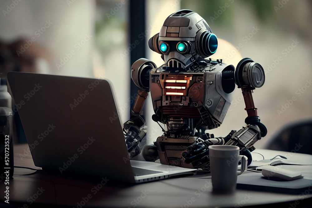 Robot working on laptop, light background. Robot working on laptop, light background.