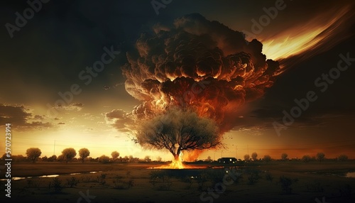  a large tree is in the middle of a field with a lot of smoke coming out of the top of it and a fire coming out of the top of it. generative ai