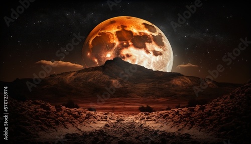  a large orange moon rising over a mountain range in the night sky with a trail leading to it and a trail leading to the top of the mountain. generative ai