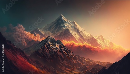 a painting of a mountain range with clouds in the sky and a sunset in the background with a red and yellow hued sky and a red hue. generative ai