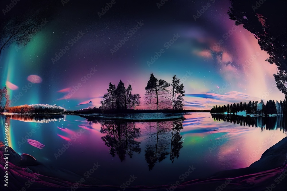 Pink aurora borealis, morthern lights over ice and snow landscape.