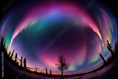 Pink aurora borealis  morthern lights over ice and snow landscape.