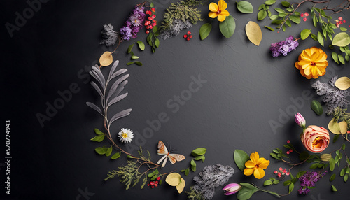  a circular arrangement of flowers on a dark background with a place for a text or a picture to put on a card or brochure.  generative ai