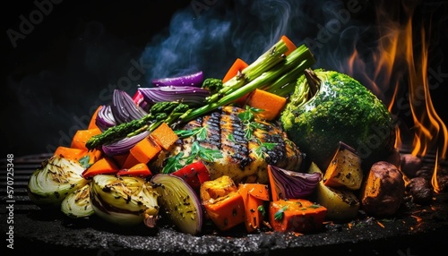  a grill with a bunch of different vegetables on top of it and smoke coming out of the top of the grill behind the meat and vegetables on top of the grill. generative ai