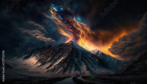  a painting of a mountain with a sky filled with stars and clouds and a star filled mountain in the distance with a bright orange glow. generative ai