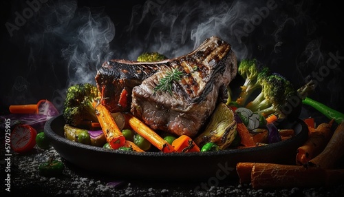  a plate of steak  broccoli  carrots and carrots with smoke coming out of the top of the steak on a black background.  generative ai