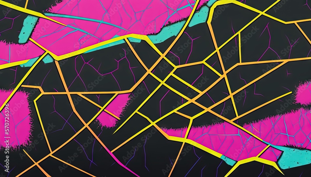 a painting of a black background with pink and yellow lines and a black ...