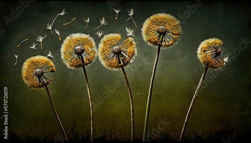 a group of dandelions blowing in the wind on a green background with a black background and a black frame around the dandelions.  generative ai