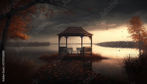  a gazebo in the middle of a lake with a bench in the foreground and a dark sky with clouds in the background, with a few birds flying around. generative ai