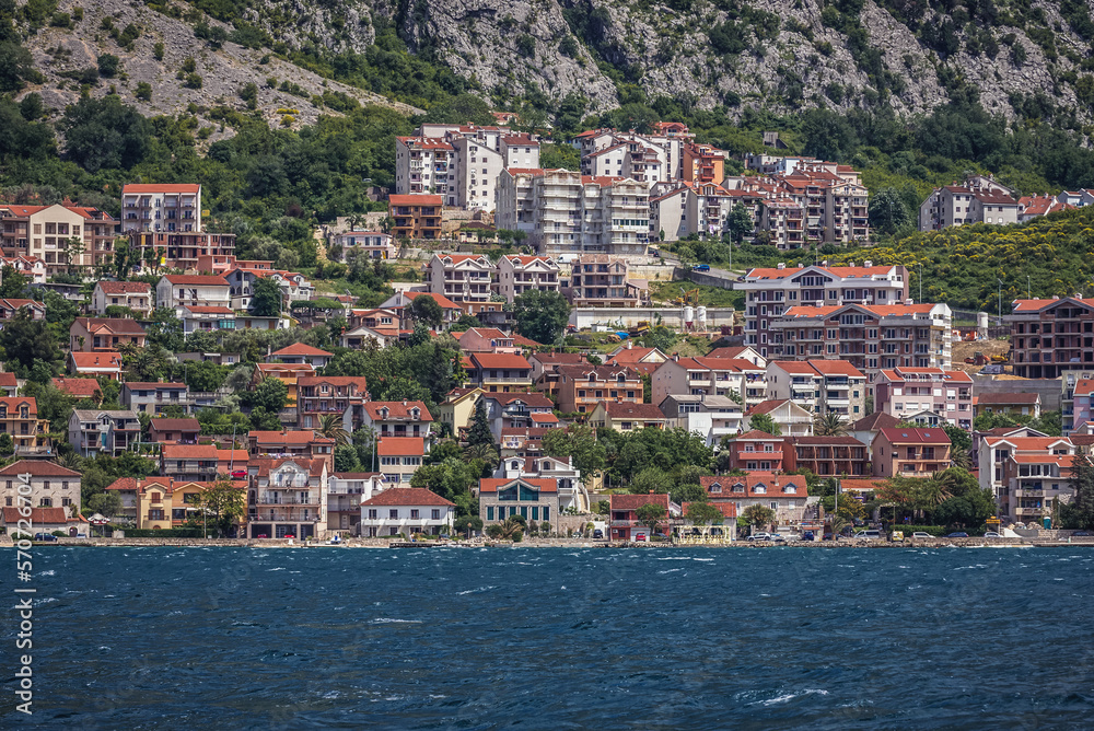 Coastline of Dobrota town over Kotor Bay in Montenegro