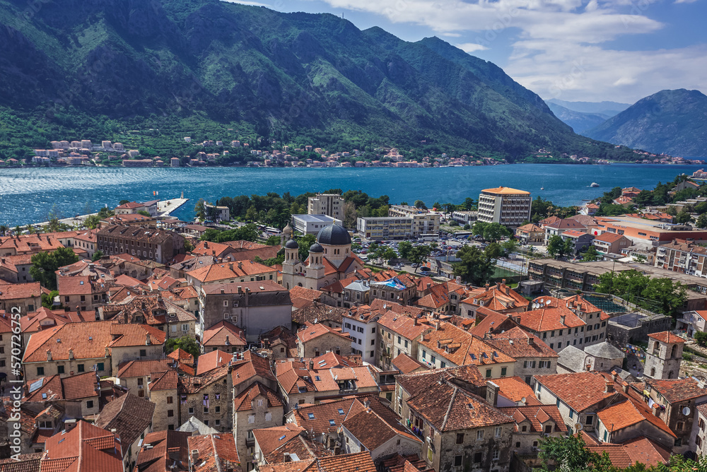Aerial view of roofs of Old Town of Kotor town in Montenegro