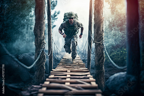 Soldier running across wood rope bridge, obstacle course, basic training. Generative AI