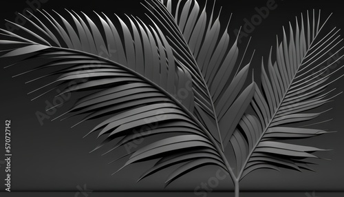  a black and white photo of a palm tree leaf on a dark background with a reflection of the leaves on the water below it is a black background. generative ai