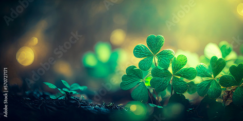 St. Patrick's Day banner, clover, background, bokeh, wide, copyspace. Generative AI