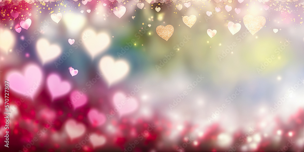 Valentine's Day banner, wide, hearts, love, romance, bokeh, soft. Generative AI