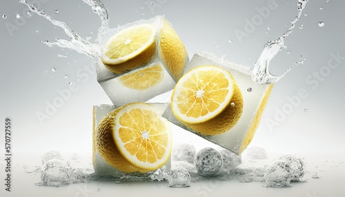  a group of lemons with water splashing around them on a gray background with ice cubes and water splashing around them on the edges.  generative ai