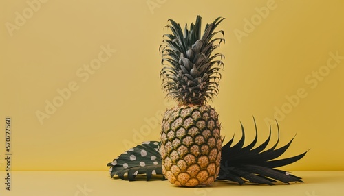  a pineapple sitting on top of another pineapple on a yellow background with a black and white pattern on the top of it's head. generative ai