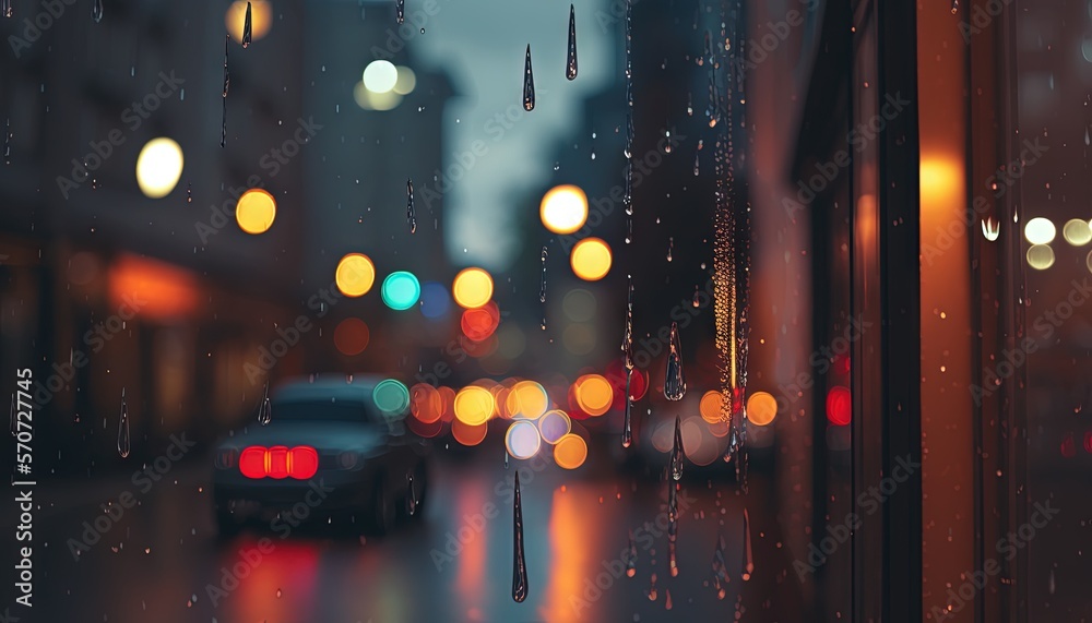  a car is driving down the street in the rain outside a window with a view of a city street with traffic lights and street lamps.  generative ai