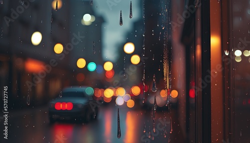  a car is driving down the street in the rain outside a window with a view of a city street with traffic lights and street lamps. generative ai