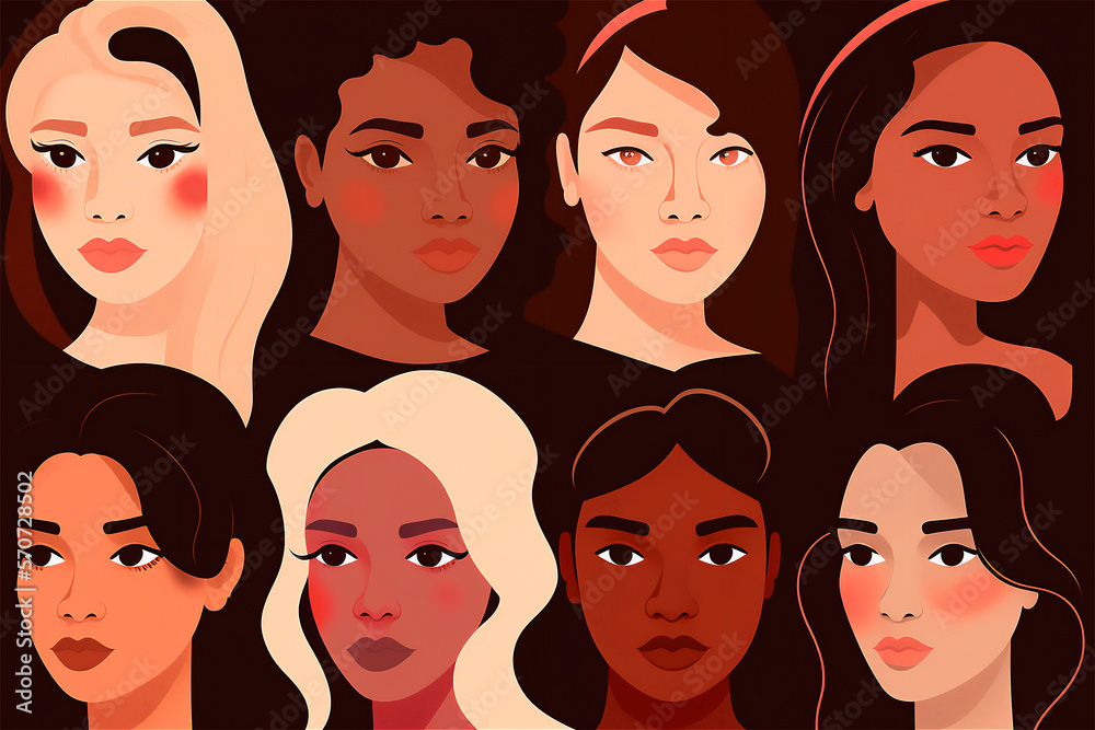 Template Illustration Cartoon flat design faces of women from diverse ethnicities and cultures. International Women's Day. AI generated Template Illustration Cartoon flat design faces of women from diverse ethnicities and cultures. International Women's Day. AI generated
