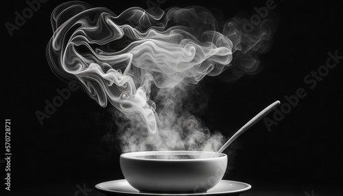  a steaming bowl of soup with a spoon on a saucer on a black background with smoke coming out of the top of the bowl.  generative ai